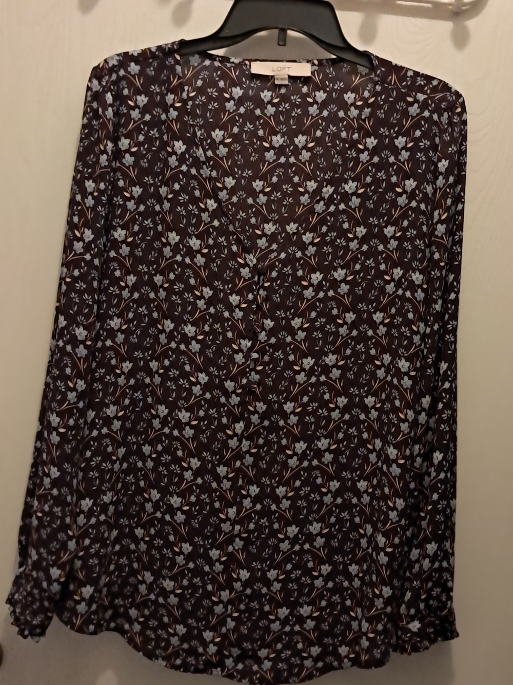 LOFT Brown and Blue Floral V-Neck Blouse with Blue Flower Print